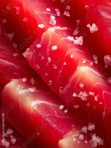 Fresh Raw Tuna Sashimi Slices Topped with Coarse Sea Salt Crystals