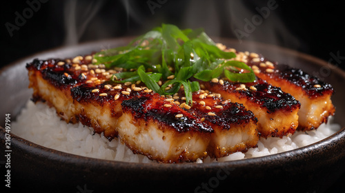Grilled Eel Unagi Donburi Bowl with Rice and Scallions