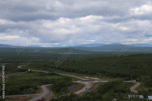 Obraz na płótnie Kiruna landscape view with lush green mountain birch forest