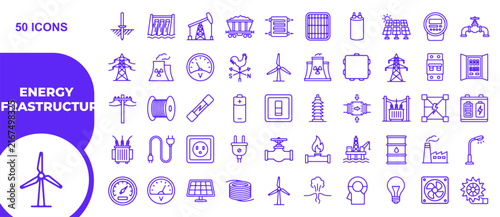 Set of fifty energy infrastructure line icons for electrical power generation and sustainable industrial utility