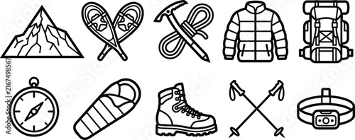 Winter Mountaineering and Hiking Outdoor Gear Line Icon Set with Mountain Snowshoes Backpack Jacket Boots and Camping Equipment Symbols for Adventure Designs