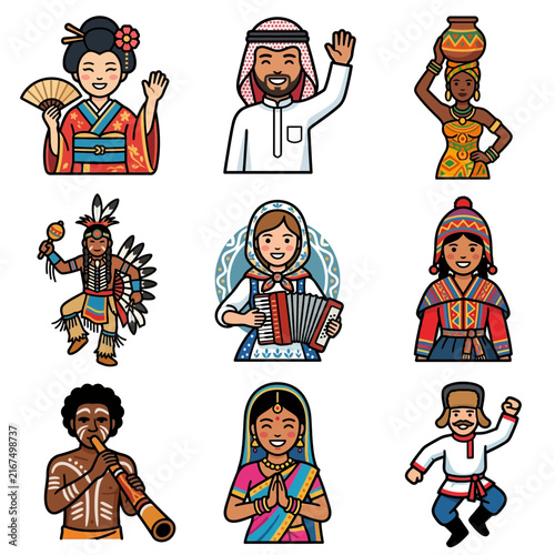 Diverse collection of people representing world culture and global diversity in traditional international folk costumes and ethnic heritage outfits.
