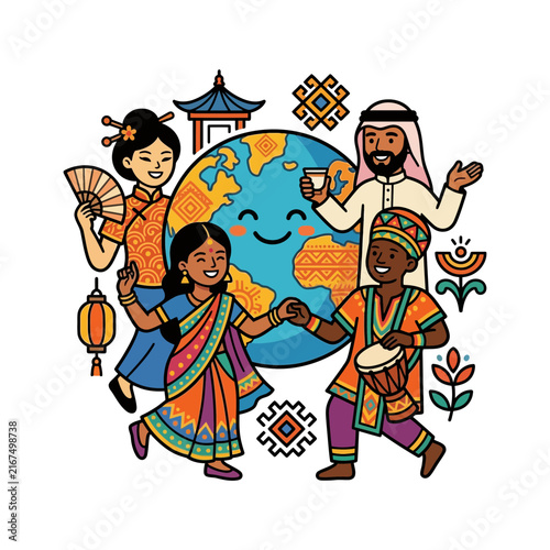 Diversity - A diverse group of people in traditional clothing represent global unity, culture, and harmony around a smiling earth for international