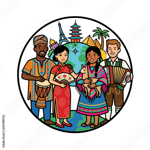 Multicultural diversity concept with people from around the globe standing together in unity to celebrate world heritage and international friendship.
