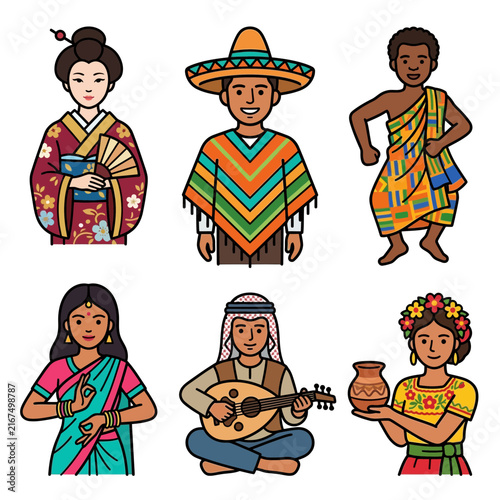 Collection of diverse people representing global culture and ethnic heritage, showcasing world diversity through traditional clothing and unique