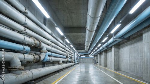 Rows of insulated chilled water pipes running down a concrete industrial plant room corridor