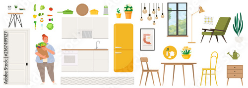Modern kitchen and living room furniture element set clipart with character