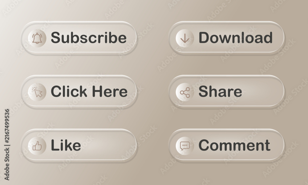 Fototapeta premium Interactive website button set in glassmorphism style features subscribe download like share and comment options with translucent frosted glass effects on neutral beige background.