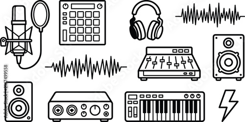 Fotografía Audio Recording and Music Production Icon Set with Microphone, Sampler Pad, Head