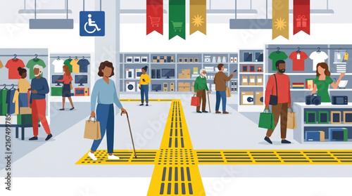 Diverse shoppers with disabilities navigate a modern retail store with accessible aisles and clear signage