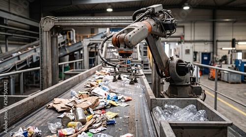 Robot sorting plastic bottles on conveyor belt in recycling plant, automated waste management and sustainable environmental technology facility