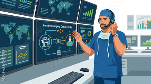 Professional surgeon managing remote surgery connectivity through a high-tech control room with digital data monitors and global network maps