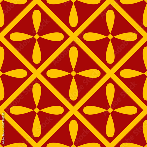 Red and Yellow Seamless Four Petal Flower Diamond Pattern, suitable for textile design, fabric, wallpaper, packaging design