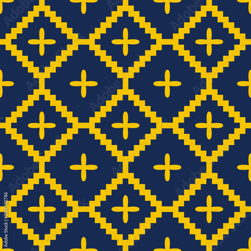 Blue and Yellow Seamless Diamond Floral Zigzag Pattern, 