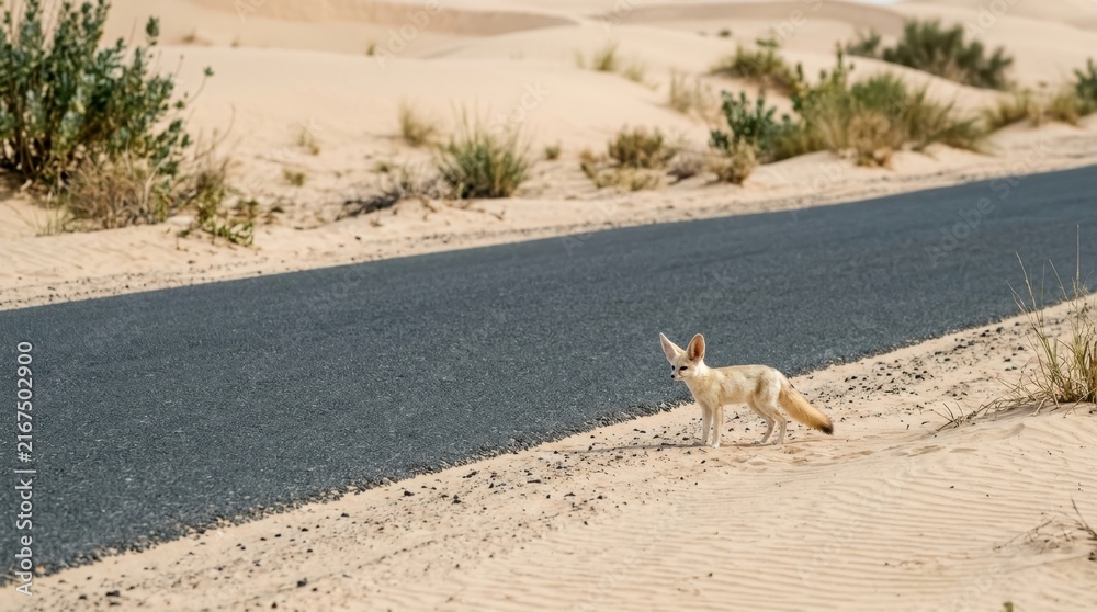 Naklejka premium Desert Wanderer: A lone fox cautiously crosses a paved road through the arid desert landscape, with sand dunes and sparse vegetation creating a stark, beautiful environment.