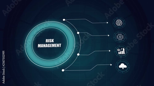 Risk management interface background with artificial intelligence icons, modern futuristic technological digital network concept, glowing infographic HUD display.