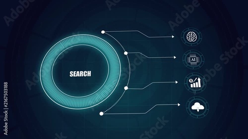 Search engine interface background with artificial intelligence icons, modern futuristic technological digital network concept, glowing infographic HUD display.