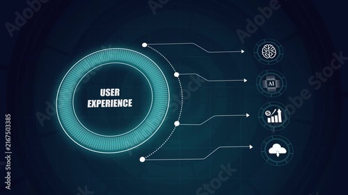User experience interface background with artificial intelligence icons, modern futuristic technological digital network concept, glowing infographic HUD display.