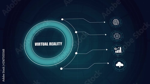 Virtual reality interface background with artificial intelligence icons, modern futuristic technological digital network concept, glowing infographic HUD display.