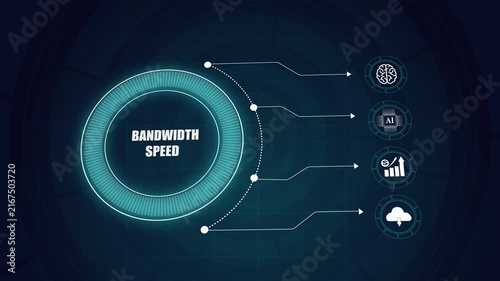 Bandwidth speed interface background with artificial intelligence icons, modern futuristic technological digital network concept, glowing infographic HUD display.