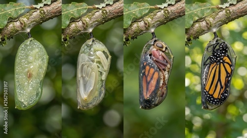 Butterfly cocoon development sequence demonstrating insect life cycle, transparent chrysalis transformation stage on green branch, orange monarch wing formation, biological growth process.
