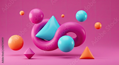 Colorful abstract geometric shapes floating in gradient background.