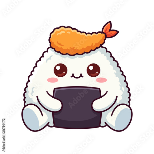 Foto A delightful Japanese meal character featuring rice and seaweed holding a piece