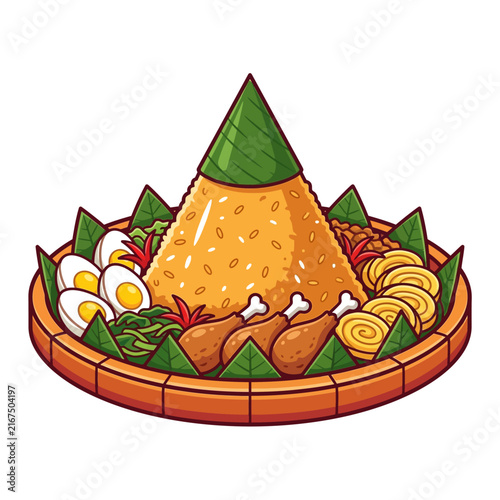 Bild auf Leinwand Traditional Indonesian cone shaped yellow rice feast served on a woven bamboo pl