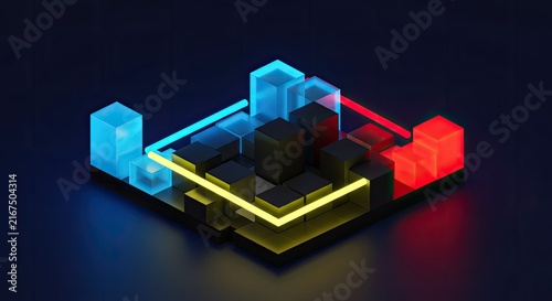 Abstract 3D rendering of a glowing blue arrow and red cube on a dark background.