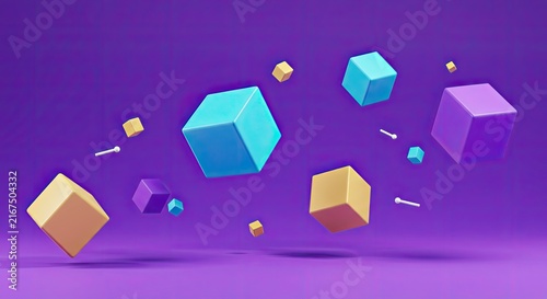 Abstract 3D geometric cubes with glowing particles on purple background.