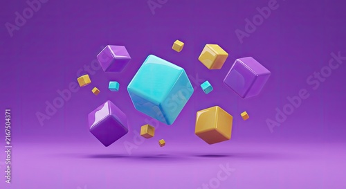 Abstract 3D geometric shapes floating in vibrant purple space with particles.
