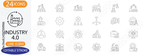 Industry 4.0 and Smart Manufacturing Line Icons. Vector Industrial Automation, Robotic Production, and Internet of Things Symbols with Editable Stroke.