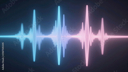 Audio waveform graphic in blue and pink on a dark background  