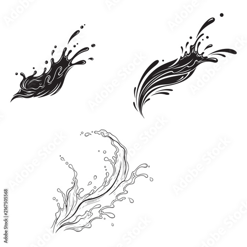 Set of three stylized liquid splash vector illustrations with hand drawn ink waves and water droplets for graphic design