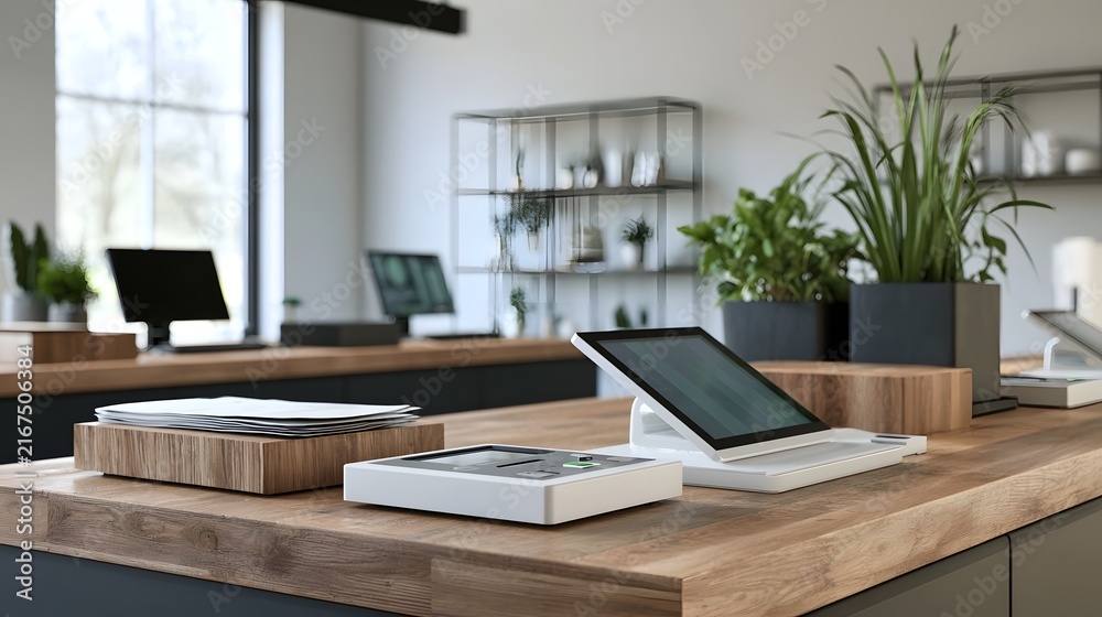 Fototapeta premium Modern retail checkout counter with digital tablet payment terminal and wooden surface in a bright minimalist store environment
