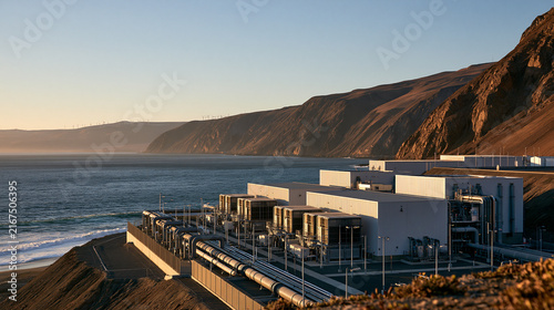 Desalination facility along coastal landscape in evening light
