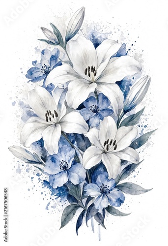 Watercolor Bouquet of White and Blue Lilies