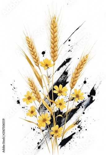 Golden Wheat and Yellow Flowers with Abstract Black Paint Splashes