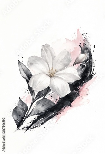 Watercolor Floral Illustration with Black and White Leaves