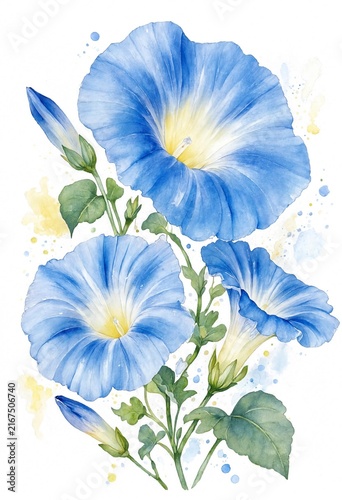 Watercolor Blue Morning Glory Flowers