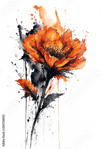 Vibrant Orange Poppy in Watercolor Splash