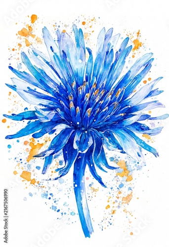 Vibrant Blue Watercolor Flower with Splatter Background