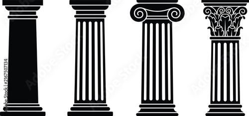 Fotografie Classical architectural columns in black silhouette against a white background