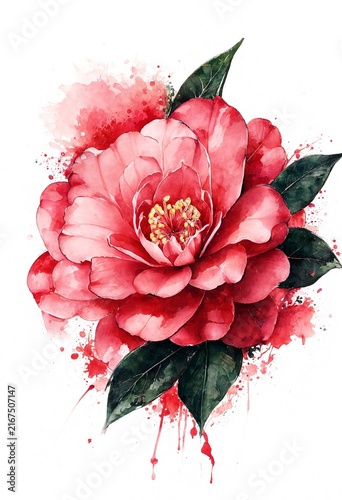 Vibrant Red Camellia with Watercolor Splash