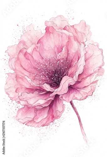 Watercolor Pink Poppy with Detailed Petals and Sparkles