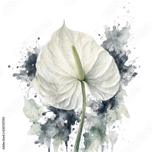 White Anthurium with Watercolor Splash Background