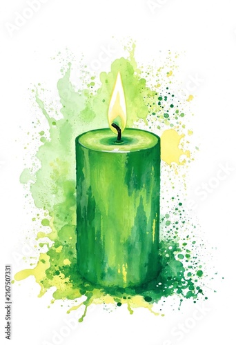 Green Candle with Watercolor Splash Background