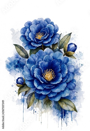 Watercolor Blue Peonies with Dripping Paint Effect