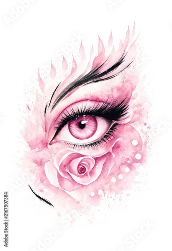 Pink Eye with Feather and Rose Illustration