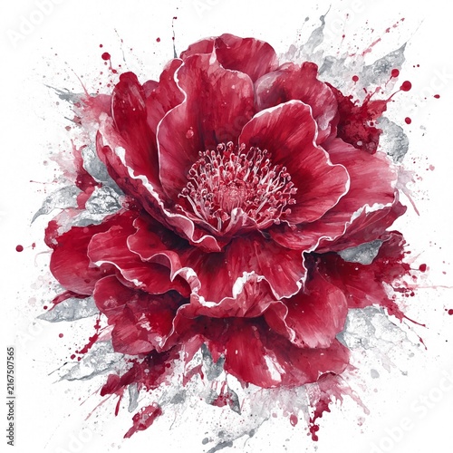 Vibrant Red Peony with Paint Splatters